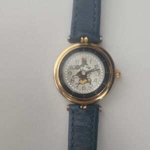 Mickey Mouse Gold and Blue Leather Strap Watch